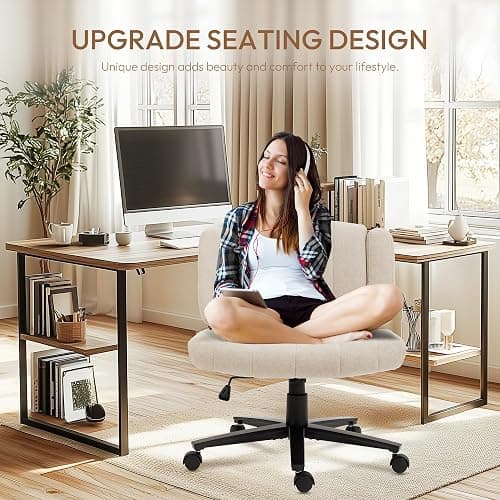 Vigosit Criss Cross Chair with Wheels – Comfortable Vanity Chair, Wide Rolling Cross Legged Office Chairs with Arms, Adjustable Desk Chairs Comfy for Home Office, Swivel Task (White) thumbnail 3