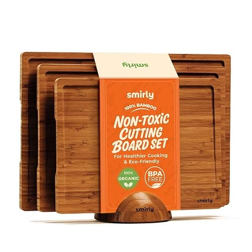 SMIRLY Wood Cutting Boards for Kitchen Wooden Chopping Board Set Reversible with Deep Juice Grooves Grip Handles, Large Charcuterie Tray, New Apartment Essentials, Carbonized Bamboo, 3Pcs with Holder - Image 1