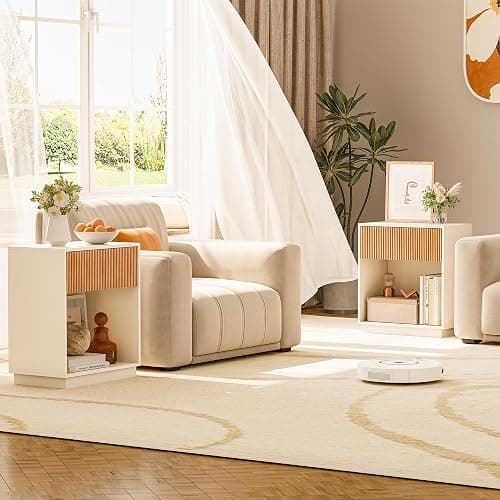 Fluted Nightstands Set of 2, Modern Bedside Table with Drawer and Storage Shelf, Wood End Table Mid Century Night Stands for Bedroom Living Room Sofa Couch Office (White+Oak) thumbnail 6