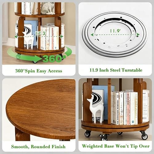 Azlafu 6 Tier 360° Rotating Solid Wood Bookshelf with Wheels, Lazy Susan Circular Spinning Revolving Corner Bookcase, Freestanding Storage Shelf for Bedroom Small Space, Walnut thumbnail 7