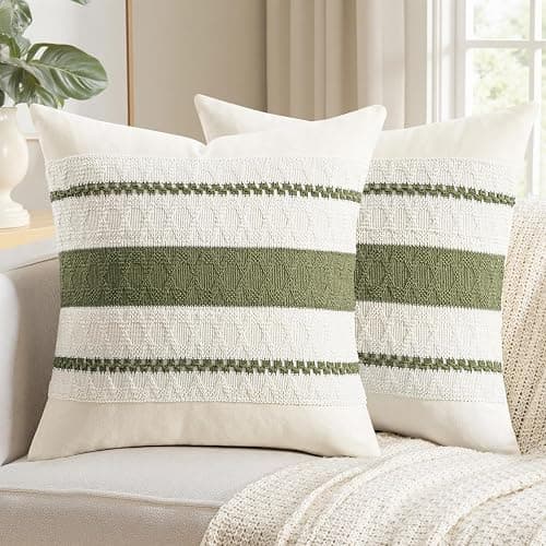 Woaboy Set of 2 Decorative Pillow Covers Boho Farmhouse Couch Throw Pillows Modern Cotton Cushion Covers Macrame Woven Spring Home Decor for Bed Sofa Chair 18x18 Inch Olive Green - Image 1