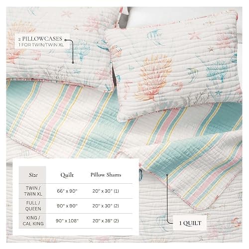 Great Bay Home 3-Piece Full/Queen Microfiber Quilt Set with Shams - Reversible Coastal Print, Lightweight, Layerable Bedding Set - Nautical Bedspread for All Seasons (Coral Reef) - Full / Queen - Coral Reef thumbnail 4
