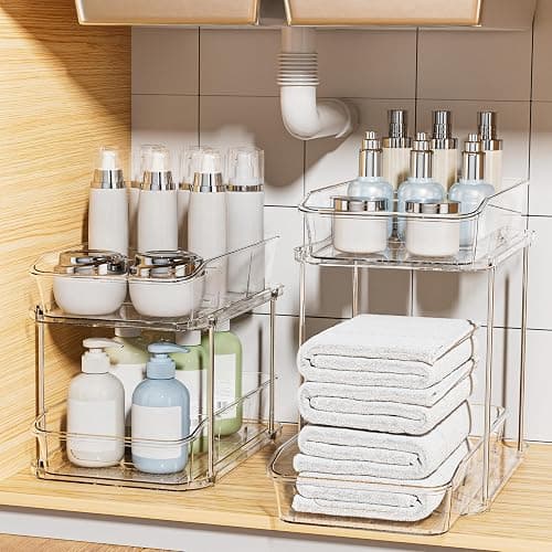 Delamu Bathroom Under Sink Organizers and Storage, 2 Pack, Clear | 2-Tier Multi-Purpose, Stackable, Pull Out Cabinet Kitchen Pantry Organization and Storage with Dividers - Image 1