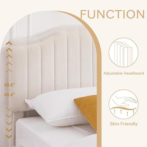 VECELO Twin Bed Frame Upholstered Platform Bed Frame with Height Adjustable Teddy Fabric Headboard, Strong Wood Slats Supports 7.9'' Under Bed Space Noise Free No Box Spring Needed, Cream thumbnail 4