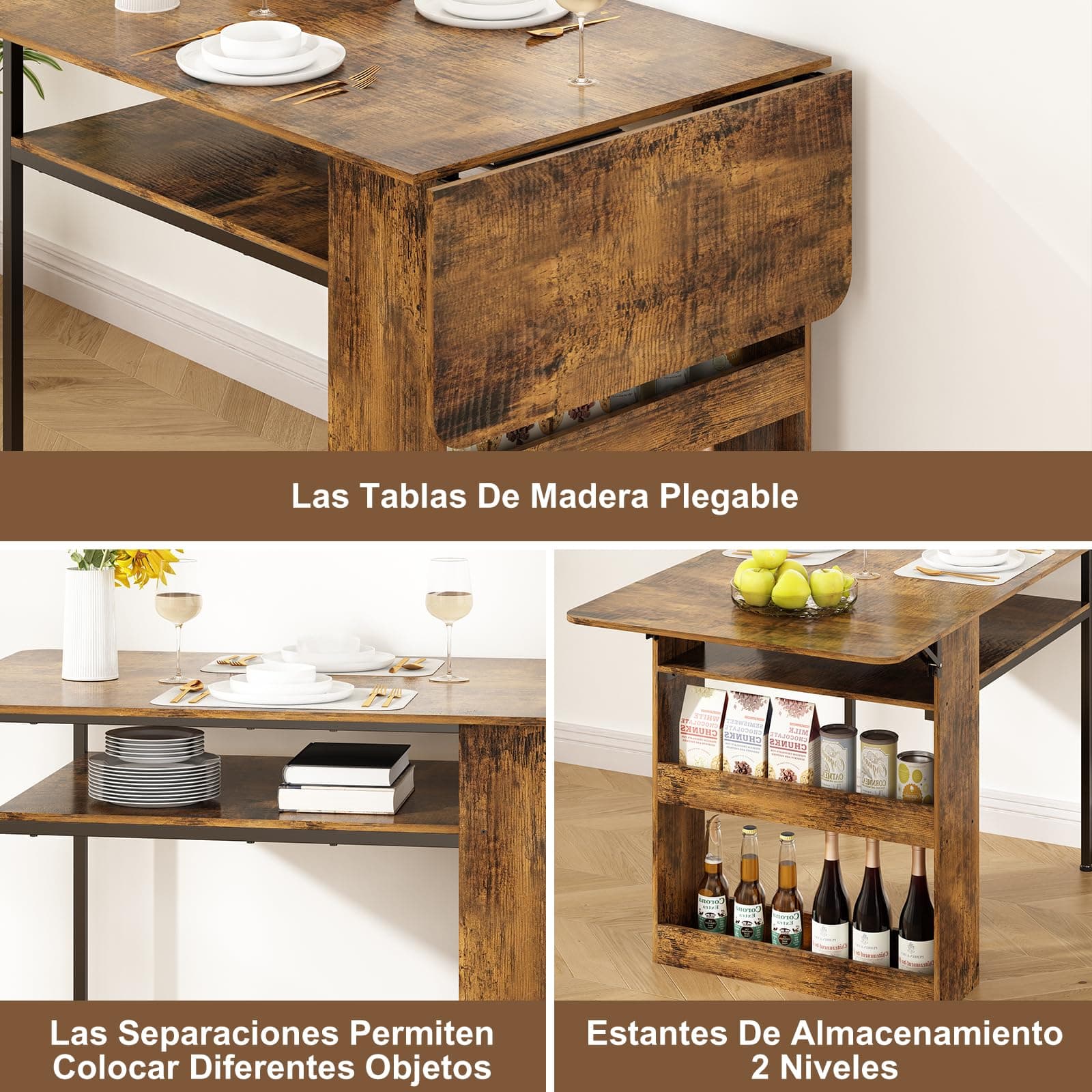 Mesa Plegable para Cocina, Mesa de Comedor con Estantes de Almacenamiento,Ahorro de Espacio, Mesa de Cocina 2 o 4 Personas Extensible, Adecuada para Sala de Estar, Cocinas, Terraza y Oficinas thumbnail 6