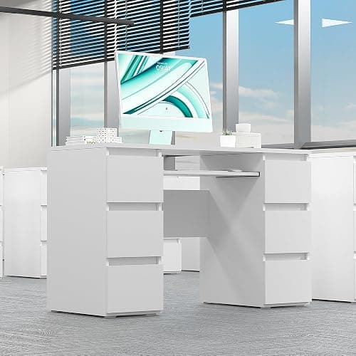 YESER Computer Desk with 6 Drawers, White PC Laptop Desk with Storage & Shelf, Modern Work Study Writing Table for Bedroom, Thick Wood Desks for Home Office, Vanity Makeup Desk, White - White thumbnail 7