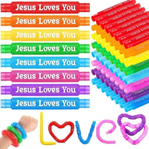 Skylety 64 Pack Christian Easter Gifts for Kids Pop Tubes Sensory Fidget Toy Party Favors 8 Colors Jesus Loves You Pop Tubes Creativity Fun for Toddler Kids Easter Party Favors Sunday School Gifts - Image 1