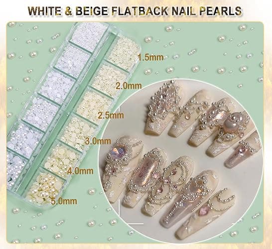 4390pcs Gold Nail Charms Caviar Beads for Nails, 2 Box Silver & Gold Beads for Nails and Flatback Pearls for Nail Art Supplies, Chloe Golden Caviar Chain for Nail Decals Jewelry Accessories thumbnail 4