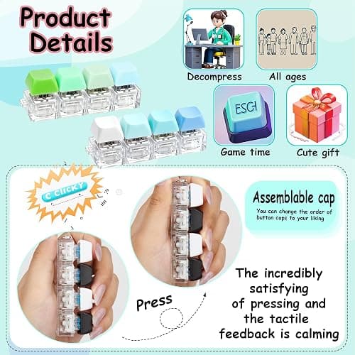 4 PCS Keyboard Fidget Toy, Keyboard Fidget Keychain 4-in-1 Keyboard Decompression Button Finger Clicker Toys, Button Stress Relief Fidget Gifts (Purple Green Blackwhite Blue) thumbnail 4