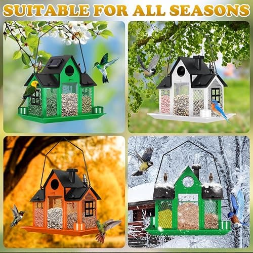 YYWMWM Solar Bird Feeders House for Outside Hanging, Metal Wild Bird Feeder for Outdoors, Large Cardinal Bird Feeder Birdhouses Green thumbnail 6