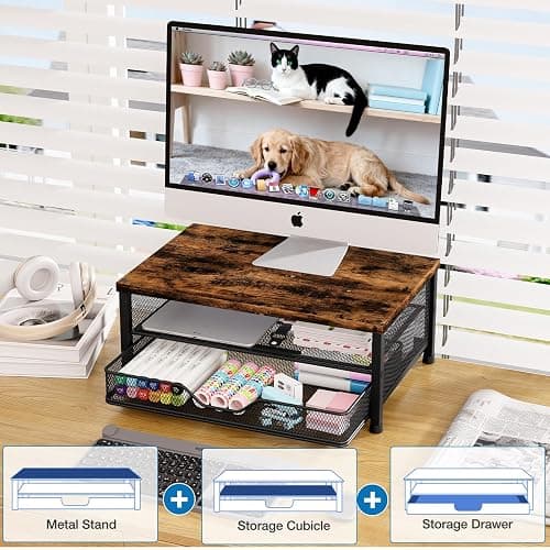OPNICE Computer Monitor Stand Riser, Desk Organizers and Accessories with Drawer, Laptop Stand, Office Desk Accessories & Workspace Desktop Organizers Storage for Office Supplies(Brown) thumbnail 4