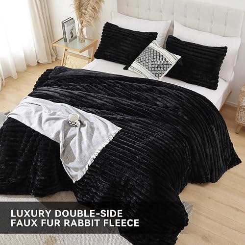 Smoofy Fluffy Twin Comforter Sets 2 Pieces - Black Fleece Fluffy Comforter Set, Luxury Fuzzy Twin Bedding Set, Soft Warm Comforter All Season, Heavy Faux Fur Comforter with Pillow Cases thumbnail 4