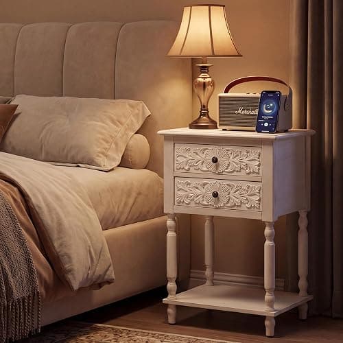 COSIEST Antique White 2-Drawer Nightstand with Open Shelf, 28.5 Inch Tall French Vintage Bedside Table, Hand-Carved Floral End Table for Living Room thumbnail 3
