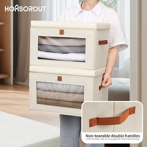 Homsorout Large Closet Storage Organizer - Clothes Storage Bins with Handles & Window, Collapsible Decorative Boxes with Lids, Fabric Containers for Living Room, Dorm, 2 Pack, Beige thumbnail 6