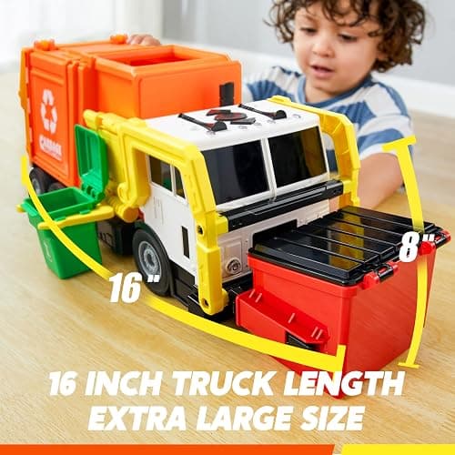 JOYIN Large Friction Powered Garbage Truck Toy Set, Includes Dumpster, Trash Bins, and Learning Cards for Kids, Orange thumbnail 2