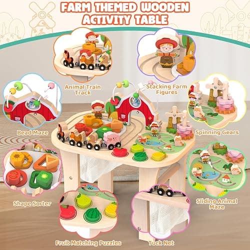Weilim Montessori Activity Table for 1 Year Old, Wooden Farm Toddler Toy | Busy Activity Center with Bead Maze, Shape Sorter, Train Track & Spinning Gears—Sensory Play That Grows Fine Motor Skills thumbnail 3