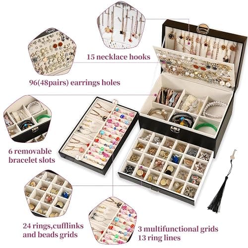 BOOVO Earring Jewelry Box For Women Girl Stud Organizer, 5 Layers Girl Jewelry Organizer Box With Lock Earring Holder Organizer Necklace Ring Jewelry Organizer Box For Girls (Black) thumbnail 4