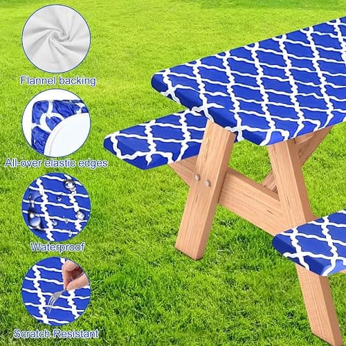BOUBONI 3 Pcs Set Fitted Picnic Table Cover with Bench Covers Vinyl Camping Table Cloth Flannel Backing Picnic Table Cloth for 6ft Tables Camping Outdoor (Blue Morocco, 30 x 72 Inches) thumbnail 4