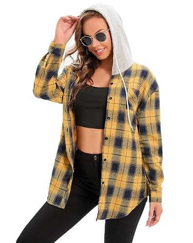 Women's Plaid Flannel Shirts Hoodie Long Sleeve Oversized Shirt Jacket Button Down Blouse Tops - Image 1