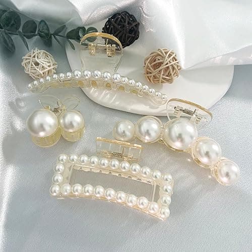 Mehayi 4 PCS Large Pearl Hair Claw Clips for Women Girls, Hair Barrette Clamps for Thick Thin Hair, Fashion Hair Accessories Headwear Styling Tools for Party Wedding thumbnail 6
