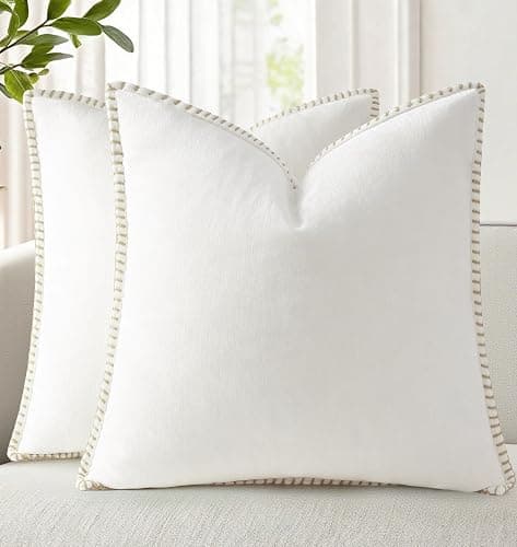 decorUhome Soft Chenille Throw Pillow Covers 18x18 Set of 2 Cream White | Fall Textured Decorative Throw Pillow Cases Stitched Edge Modern Farmhouse Luxury Boho Velvet for Couch Sofa Bed Home Decor - Image 1
