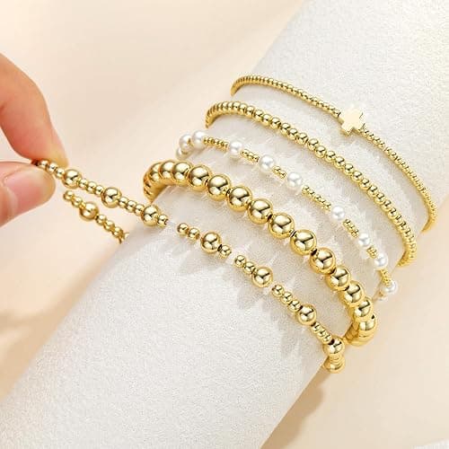 M MOOHAM Gold Beaded Bracelets Set for Women Teen Girls - Dainty 14K Gold Plated Beaded Pearl Cross Bracelet Stack for Women Trendy Non Tarnish Adjustable Stretch Jewelry Gifts thumbnail 7