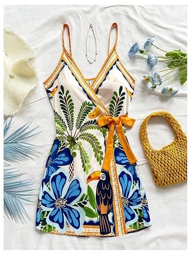 SOLY HUX Women's Tropical Print Mini Dress Summer Wrap V Neck Bow Tie Vacation Dresses thumbnail 5