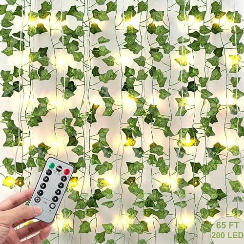 JACKYLED 84Ft 12 Pcs Artificial Ivy Garland Fake Vines with 65ft 200 LED String Lights and Remote Control Faux Hanging Leaves - Image 1