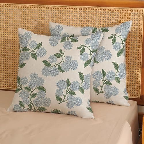 DAFENA Spring Pillow Covers 18x18 Inch 2 Pcs Blue Green Hydrangea Flower Decor Throw Pillows Vintage Floral Seasonal Summer Outdoor Decoration Pillowcase Linen Cushion Cover for Couch Sofa thumbnail 2