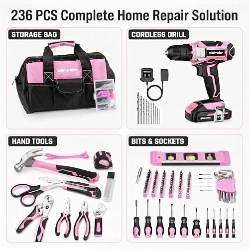 Bielmeier 20V 236Pcs Cordless Pink Drill Set for Women, Lady’s Essential Home Tool Kit with Pink Bag, Perfect DIY Electric Screwdriver Set for Home Repair & Gifts thumbnail 8