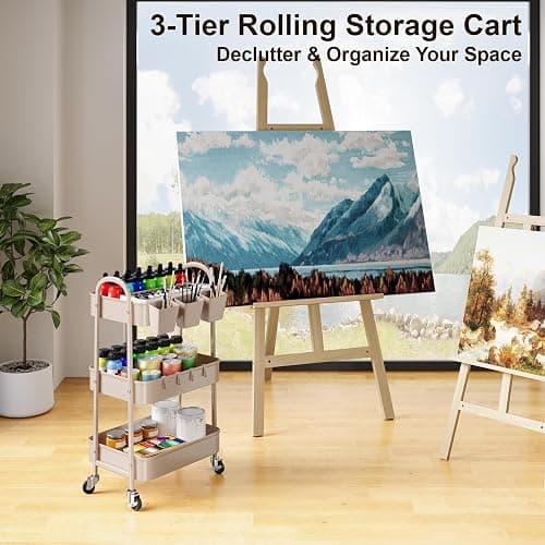 3 Tier Khaki Metal Utility Rolling Cart, Storage Cart with Handle and Lockable Wheels, Multifunctional Organizer Trolley with Mesh Storage Baskets for Kitchen, Office, Living Room, Laundry, Garage - Rustic Khaki - 3 tier thumbnail 8