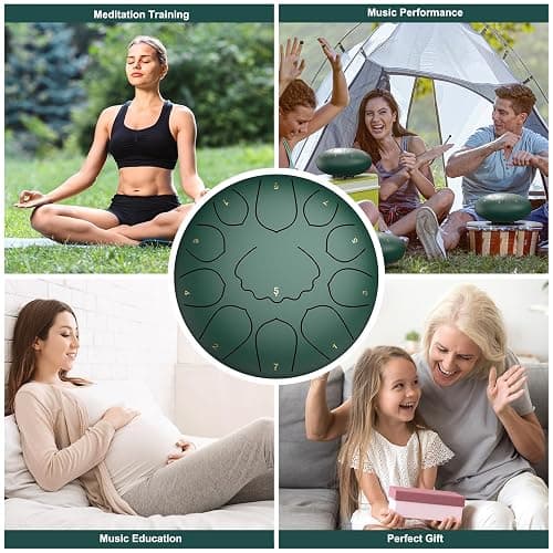 Rain Drum for Outside Garden, 8 Inches 11 Notes Steel Tongue Drum, Waterproof Meditation Rain Chime, Musical Instruments for Adult Gift with Bag, Music Book, Mallets (Green) thumbnail 7