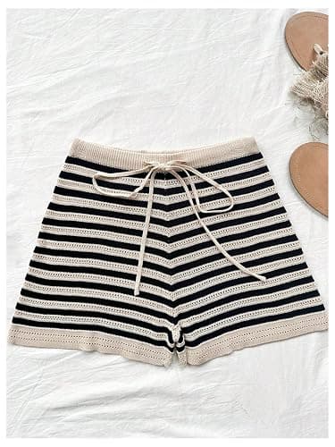 MakeMeChic Women's Two Piece Outfit Striped Crew Neck Tank Crop Top and Drawstring Knit Shorts Set thumbnail 3