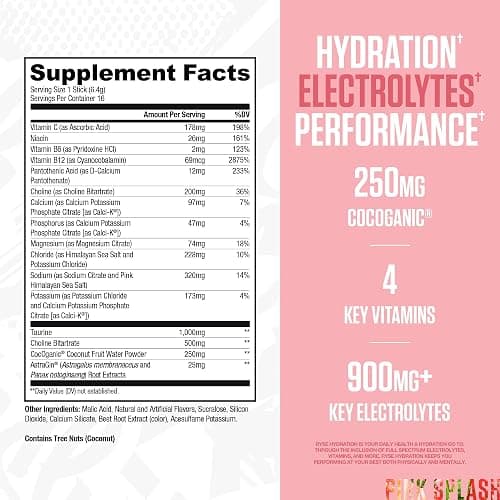 RYSE Hydration Electrolyte Powder Drink Mix Packets - Pink Splash - Sugar-Free Full Spectrum Electrolytes with Essential Vitamins, Taurine and Choline for Rehydration - 16 Serving Sticks thumbnail 2