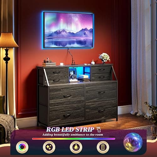 Romorgniz Dresser for Bedroom with Charging Station and LED, Sturdy Chest of Drawers with 8 Drawers and Two Open Shelves for Storage,Bedroom, Living Room,Hallway (Black) - Black thumbnail 5