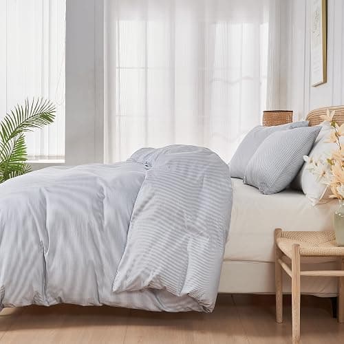 JELLYMONI 100% Natural Cotton 3pcs Striped Duvet Cover Sets,Blue Duvet Cover with Thin White Stripes Pattern Printed Comforter Cover,with Zipper Closure & Corner Ties(Twin Size) thumbnail 3