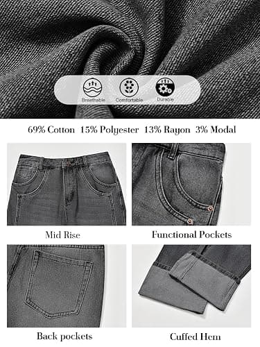 PLNOTME Womens Baggy Jeans Boyfriend Wide Leg Trendy Casual Mid Rise Cuffed Hem Denim Pants with Pockets thumbnail 6