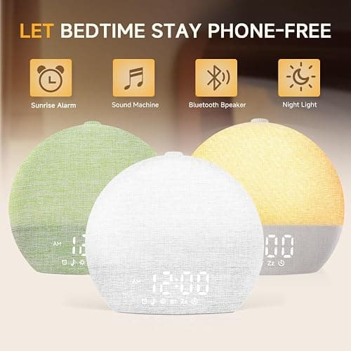 Geuuap Sunrise Alarm Clock White Noise Sound Machine for Bedroom | Natural Wake-Up Light with 30 Soothing Sleep Aids, Bluetooth Speaker, Dimmable Clock, Screen-Free Design for Baby Adults Kids-White thumbnail 2