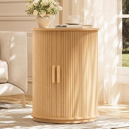 INNOD Side Table with Storage for Living Room, Round End Table with Sliding Tambour Door, Wood Night Stand Nightstand Bedside Table for Bedroom, Small Round Side Table, Mid Century Modern, Light Oak - Image 1
