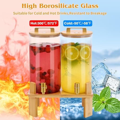 1.5 Gallon Glass Drink Dispensers for Parties, 2 PCS Beverage Dispenser With Wood Stand,Vertical Stripes Glass Lemonade Dispenser with Airtight Valve and Stainless Steel Spigot for Lemonade,Juice, Tea thumbnail 4