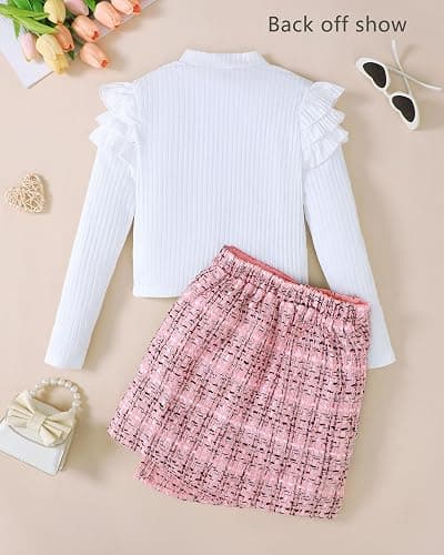 Coaturi Girl Fall Clothes Sets: 2 Piece Fall Winter Outfit Long Sleeve Ruffle Top Mini Plaid Skirt for Tween Girl 8-12 Years thumbnail 3