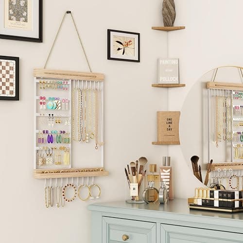 Hanging Jewelry Organizer and Storage, 5-Tier White Earring Necklace Holder Jewelry Display Organizer Stand Rack, Wall Mounted for Earrings Necklaces Bracelets and Rings, White thumbnail 2