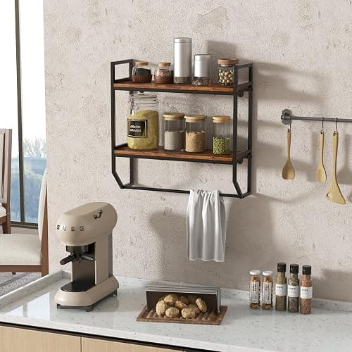 LOKO 2-Tier Bathroom Towel Rack with Shelf, Industrial Over The Toilet Shelf with Towel Bar, Wall Mounted Hanging Shelf with Towel Holder, Rustic Storage Organizer Shelves for Living Room, Kitchen thumbnail 2