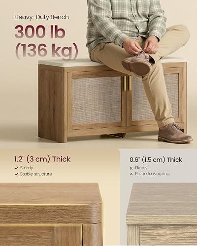 VASAGLE ELLAN Collection - Boho Shoe Bench with Cushion, Entryway Storage Bench with 2 Rattan-Look Cabinet Doors, Rounded Corners, Adjustable Shelf, for Bedroom Under Window, Natural Brown ULSB501KC01 thumbnail 5