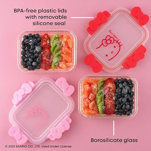 JoyJolt Sanrio Hello Kitty Fluted Glass Food Storage Containers with Lids, 2x Airtight Glass Storage Containers with Lids for Kitchen, Reusable Lunch Meal Prep Container, Cute Hello Kitty Gifts thumbnail 4