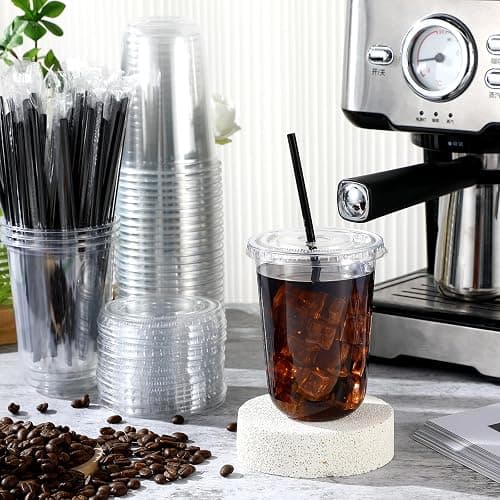 Ziliny 50 Set Clear Plastic Cups with Lids and Straws, PET Disposable Iced Coffee Cups for Drinking Cold Beverage Juice Parfait Smoothie Milkshake Shop Party Supplies (Clear Cup,Black Straw,16 oz) thumbnail 2