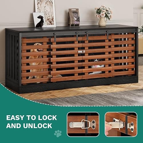 YITAHOME 71 Inch Dog Crate TV Stand for 2 Dogs w Sliding Door, Heavy Duty Chew-Resistant Cage Furniture for Medium Large Dogs, Wooden Indoor Double Dog Kennel Decorative for Living Room, Black Walnut thumbnail 4