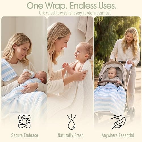 HardNok Organic Muslin Baby Bath Towel Blanket 5-Pc Gift Set - Blue Stripe | Features 41-43" 6-layer blankets, three washcloths newborn to toddler crib or stroller; curated shower registry gift for boys thumbnail 5