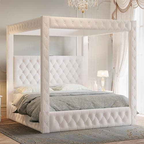 Jocisland Queen Canopy Bed Frame Velvet Upholstered Headboard, Cream | 74.8" Tall Four Poster, Deep-tufted velvet, 51.2" headboard, USB-A & USB-C outlets, No box spring needed, 45-min assembly - Image 1