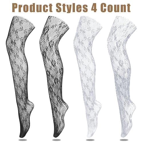 Jiuguva 4 Pack Women Lace Tights White Black Fishnet Stockings Floral Mesh Pantyhose Stockings Leggings Bow Patterned Tights for Women Halloween thumbnail 2